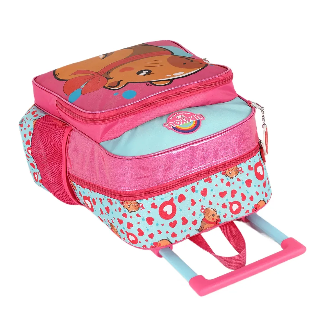 Mochila rodinha infantil rosa vista frontal com estampa colorida